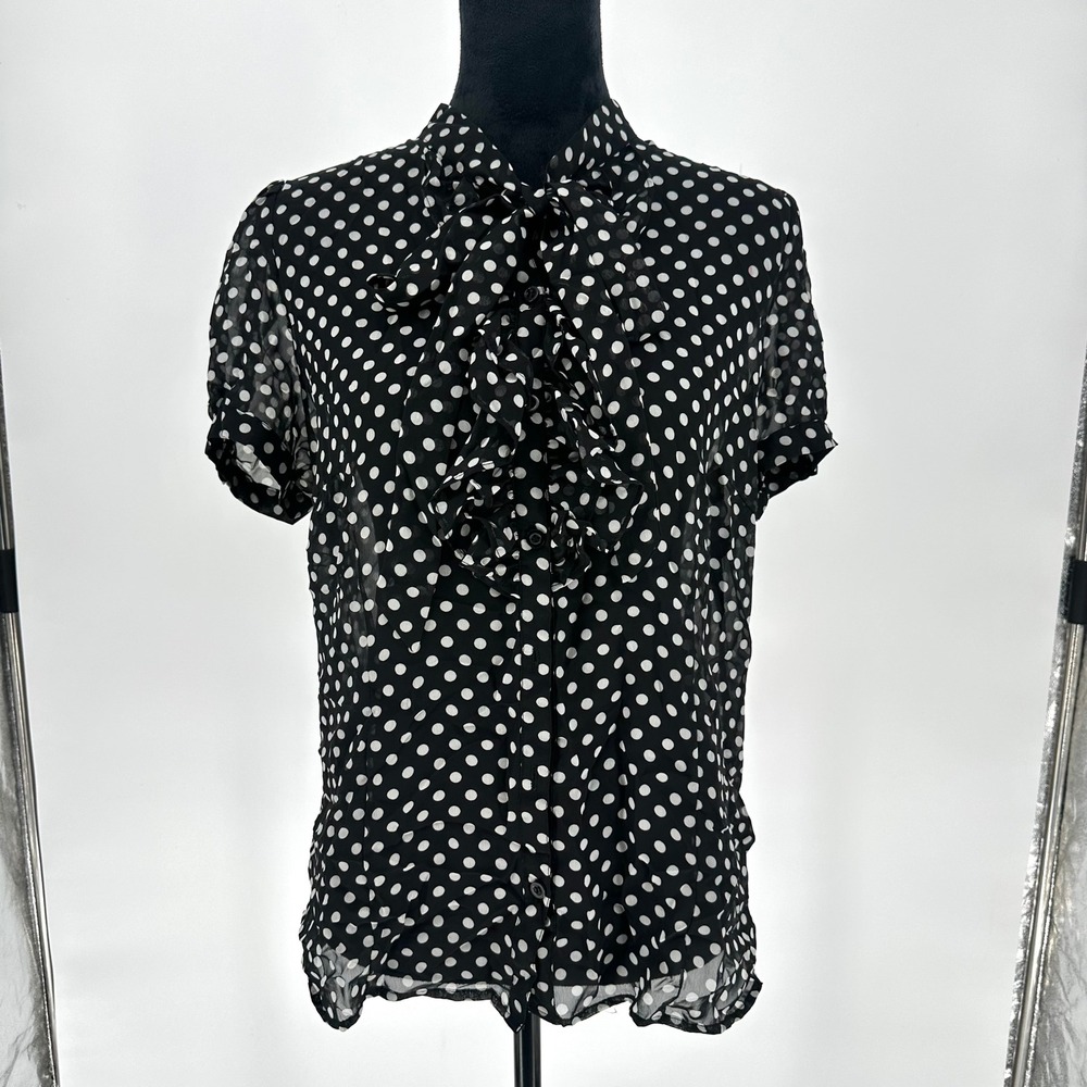 Y2K Faith 21 Sheer Polka Dot Button Up Ruffle Neck Tie Blouse Top Whimsy XL